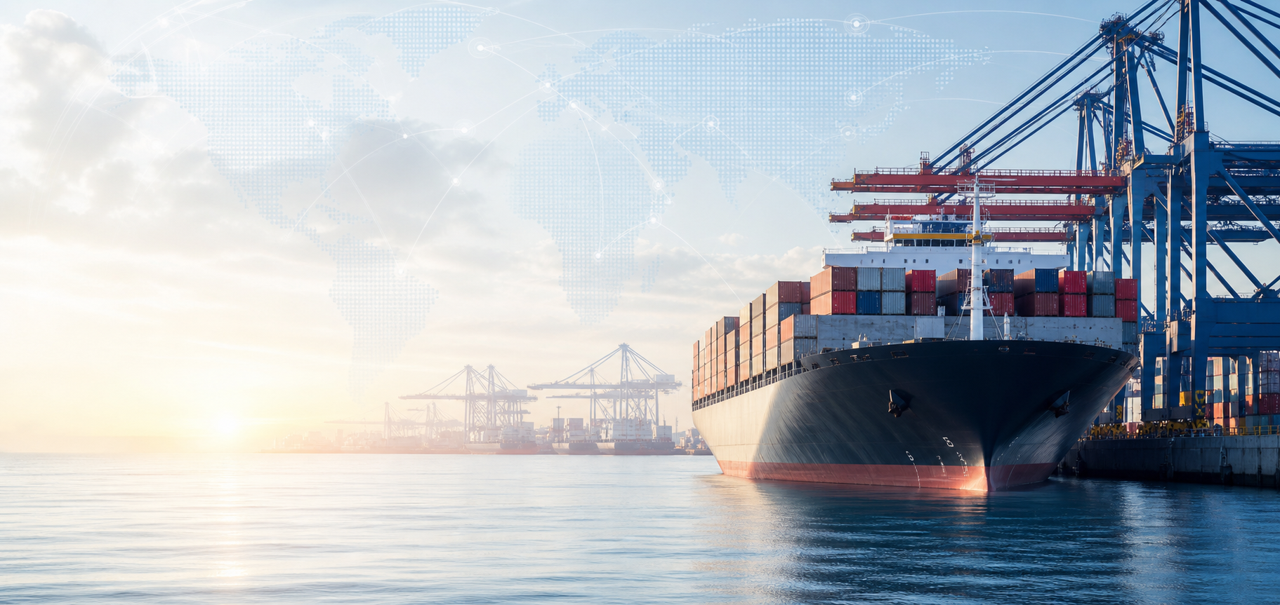 Container ship at a port with global route map overlay